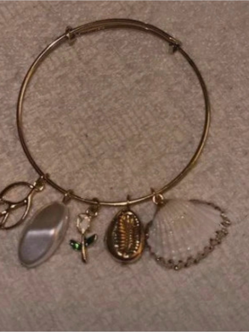 Amazon Gold Charm Bangle Bracelet with White Shells and Green Accent